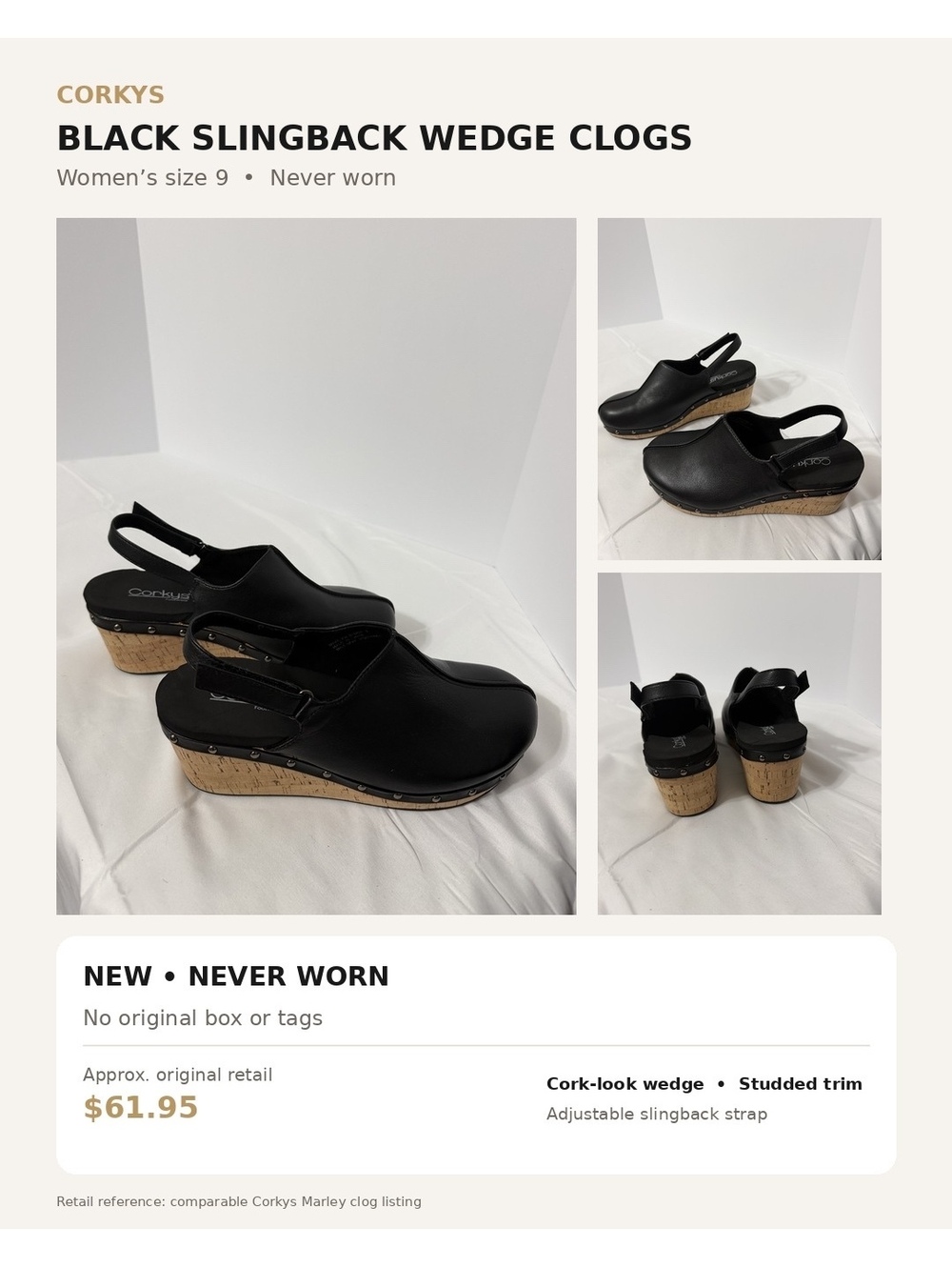 Corkys Black Slingback Wedge Clogs - Women's Size 9 - New never worn
